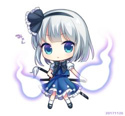 Rule 34 | 1girl, black bow, blue eyes, blush, bow, chibi, dated, full body, hairband, konpaku youmu, looking at viewer, parted lips, sheath, sheathed, short hair, silver hair, solo, sword, touhou, translation request, weapon, yamayu