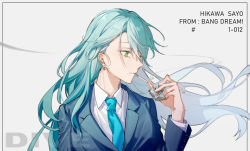 Rule 34 | 1girl, aqua hair, bang dream!, character name, cigarette, floating hair, formal, from side, green eyes, grey background, highres, lighter, long hair, solo, suit, walluka