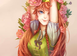 Rule 34 | 1girl, arms up, bad id, bad pixiv id, blue eyes, braid, covering one eye, eyelashes, flower, grey background, haggy lagman, hair flower, hair ornament, hat, highres, hong meiling, lips, long hair, looking at viewer, nose, pink background, red flower, red hair, red rose, ribbon, rose, short sleeves, simple background, smile, solo, star (symbol), touhou, twin braids, vest