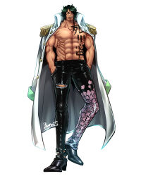 Rule 34 | 1boy, abs, absurdres, aramaki (ryokugyu), artist name, body writing, burotti, facial hair, full body, highres, large pectorals, looking at viewer, manly, military, military uniform, muscular, nature, one piece, pants, pectorals, print pants, serious, short hair, simple background, smoking, standing, uniform