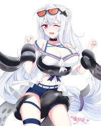 Rule 34 | 1girl, arknights, bad id, bad pixiv id, bare shoulders, black choker, blue shorts, breasts, chinese commentary, choker, cleavage, commentary request, cowboy shot, eyewear on head, hair ornament, highres, large breasts, lingshalan, long hair, looking at viewer, low-tied long hair, navel, no headwear, off-shoulder shirt, off shoulder, official alternate costume, one eye closed, open mouth, red eyes, shirt, short shorts, short sleeves, shorts, silver hair, simple background, skadi (arknights), skadi (waverider) (arknights), solo, standing, sunglasses, tears, tentacles, thigh strap, thighs, very long hair, whale hair ornament, white background, white shirt