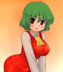 Rule 34 | 1girl, bad id, bad pixiv id, breasts squeezed together, breasts, curvy, female focus, green hair, impossible clothes, kazami yuuka, kyokutou hentai samurai, large breasts, leaning forward, red eyes, short hair, skirt, skirt set, smile, solo, touhou, v arms, vest