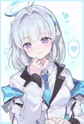 Rule 34 | 0202ase, 1girl, absurdres, alternate hair length, alternate hairstyle, blue archive, blue necktie, blush, closed mouth, coat, collared shirt, commentary, halo, hand blush, headgear, highres, holding hands, jacket, looking ahead, necktie, noa (blue archive), purple eyes, shirt, short hair, simple background, smile, solo, sparkle, upper body, white background, white coat, white hair, white halo, white jacket, white shirt