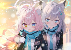 Rule 34 | 2girls, ahoge, animal ear fluff, animal ears, aruka (alka p1), black gloves, black jacket, blue archive, blue eyes, blue halo, blue necktie, blue scarf, blush, breast pocket, closed mouth, commentary request, cross, cross hair ornament, fang, fingerless gloves, gloves, grey hair, hair between eyes, hair ornament, halo, heterochromia, highres, hoshino (blue archive), jacket, kemonomimi mode, latin cross, layered sleeves, long hair, long sleeves, looking at viewer, matching outfits, mismatched pupils, multiple girls, necktie, open mouth, orange eyes, pink hair, pink halo, pocket, scarf, shiroko (blue archive), shirt, upper body, white shirt, wolf ears, wolf girl
