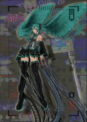 Rule 34 | 1girl, aqua eyes, aqua hair, battery indicator, blurry, blurry background, boots, cable, detached sleeves, distortion, from below, grey shirt, hair wings, hatsune miku, highres, miniskirt, n00dlesandwitch, nail polish, necktie, recording, shirt, shoulder tattoo, skirt, smile, solo, surreal, tattoo, thigh boots, thighhighs, twintails, viewfinder, vocaloid