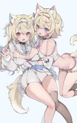 Rule 34 | 2girls, :3, :d, animal ear fluff, animal ears, bandaid, bandaid hair ornament, belt, belt collar, black collar, blonde hair, blue belt, blue eyes, blue hair, blue nails, blush, breasts, cleavage, cleavage cutout, clothing cutout, collar, cropped shirt, dog ears, dog girl, dog tail, dress, fishnet socks, fishnets, frilled shorts, frills, fuwawa abyssgard, fuwawa abyssgard (1st costume), hair ornament, hairpin, headphones, headphones around neck, highres, hololive, hololive english, large breasts, long hair, looking at viewer, lying, medium breasts, medium hair, mococo abyssgard, mococo abyssgard (1st costume), multicolored hair, multiple girls, nail polish, oimo 0imo, on back, open clothes, open mouth, pink belt, pink eyes, pink hair, pink nails, shirt, short dress, short shorts, shorts, siblings, sidelocks, single fishnet legwear, sisters, smile, socks, spiked collar, spikes, streaked hair, tail, twins, two side up, virtual youtuber, white dress, white shirt, white shorts, x hair ornament