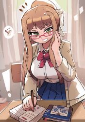 Rule 34 | !, 1girl, absurdres, blue skirt, blush, book, bow, bowtie, breasts, brown cardigan, brown hair, cardigan, chair, classroom, collarbone, corpse, curtains, desk, doki doki literature club, glasses, green eyes, grin, hair ribbon, heart, highres, large breasts, long hair, long sleeves, looking at viewer, monika (doki doki literature club), notebook, open cardigan, open clothes, pen, ponytail, red bow, red bowtie, ribbon, school uniform, shirt, sitting, skirt, smile, speech bubble, standing, teeth, tony welt, white ribbon, white shirt, window, writing