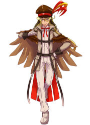 Rule 34 | 1boy, blonde hair, brown cape, brown coat, brown headwear, cape, coat, creatures (company), full body, game freak, gen 1 pokemon, gloves, hair between eyes, hand on own hip, hat feather, long sleeves, male focus, mugen infinite, nintendo, pants, personification, pidgeot, pokemon, solo, standing, white background, white gloves