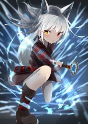 Rule 34 | 1girl, absurdres, akinakesu-chan, animal ear fluff, animal ears, black dress, black footwear, boots, brown eyes, closed mouth, commentary request, dress, electricity, floating hair, grey hair, heterochromia, highres, holding, holding sword, holding weapon, long hair, long sleeves, looking at viewer, on one knee, original, red eyes, smile, solo, sword, tail, weapon