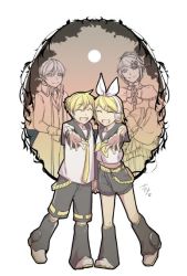 Rule 34 | 2boys, 2girls, :d, allen avadonia, anniversary, blonde hair, brother and sister, closed eyes, detached sleeves, full moon, hair ribbon, holding hands, ichi ka, kagamine len, kagamine rin, midriff peek, moon, multiple boys, multiple girls, open mouth, outstretched hand, ponytail, ribbon, riliane lucifen d&#039;autriche, shorts, siblings, smile, spoilers, vocaloid