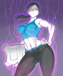 Rule 34 | 1girl, abs, aura, bare shoulders, black hair, breasts, cleavage, clothes writing, colored skin, contrapposto, english text, female focus, from below, frown, grey eyes, groin, hand on own hip, impossible clothes, large breasts, long hair, looking at viewer, medium breasts, midriff, miyaji, muscular, navel, nintendo, pale skin, ponytail, shaded face, skin tight, solo, spandex, standing, super smash bros., tank top, toned, white skin, wii fit, wii fit trainer, wii fit trainer (female)