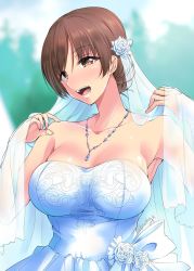 1girl breasts bridal_veil bride brown_eyes brown_hair dress female_focus idolmaster idolmaster_cinderella_girls jewelry kirisaki_byakko large_breasts necklace nitta_minami open_mouth solo strapless strapless_dress twitter_username veil wedding_dress