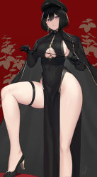 Rule 34 | 1girl, black dress, black footwear, black gloves, black hair, breasts, china dress, chinese clothes, cleavage cutout, cloak, clothing cutout, dress, earrings, elbow gloves, gloves, hair between eyes, hat, hayabusa, high heels, highres, holding, holding riding crop, holding whip, jewelry, large breasts, mole, mole under eye, mole under mouth, original, parted lips, pelvic curtain, purple eyes, red background, riding crop, short hair with long locks, single earring, solo, standing, thigh strap, underboob, underboob cutout, whip