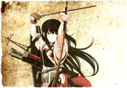 Rule 34 | 10s, 1girl, akagi (kancolle), archery, arrow (projectile), blue eyes, blush, bow (weapon), breasts, brown hair, drawing bow, flight deck, gloves, hakama, hakama short skirt, hakama skirt, holding, holding bow (weapon), holding weapon, japanese clothes, kantai collection, kyuudou, long hair, muneate, open mouth, partially fingerless gloves, partly fingerless gloves, personification, quiver, single glove, skirt, solo, tsukumo (soar99), weapon, yugake