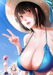 Rule 34 | 1boy, 2girls, admiral (kancolle), atago (kancolle), ball, beach, beachball, bikini, black hair, blue bikini, breasts, cleavage, commentary, day, ggli (yuine wantan), halterneck, hat, highres, kantai collection, large breasts, lips, little boy admiral (kancolle), looking at viewer, multiple girls, nose, open mouth, outdoors, red eyes, short hair, sky, straw hat, swimsuit, takao (kancolle), v