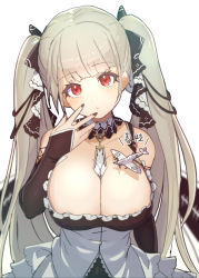 Rule 34 | 1girl, aircraft, airplane, azur lane, bare shoulders, black nails, blush, breasts, cleavage, formidable (azur lane), grey hair, hair ribbon, highres, large breasts, long hair, looking at viewer, nail polish, red eyes, ribbon, simple background, solo, translated, twintails, very long hair, white background, yoruhachi