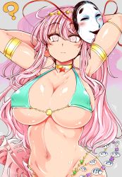 Rule 34 | 1girl, ?, arm strap, armlet, armpits, arms up, bikini, bikini top only, bottomless, breasts, cleavage, dancer, earrings, female focus, hata no kokoro, highres, huge breasts, jewelry, large breasts, long hair, looking at viewer, mask, mask on head, micro bikini, micro bikini top, mouth mask, navel, noh mask, out-of-frame censoring, pink eyes, pink hair, roki (hirokix), solo, sweat, swimsuit, touhou, underboob, very long hair
