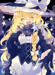 Rule 34 | 1girl, apron, black background, black bow, black gloves, black hat, black shirt, black skirt, blonde hair, blush, bow, braid, closed eyes, cloud, facing viewer, frills, fur-trimmed sleeves, fur trim, gloves, hair bow, hand on own hip, hat, hat bow, highres, kirisame marisa, long hair, long sleeves, nikorashi-ka, one-hour drawing challenge, open mouth, outstretched hand, plaid, plaid scarf, scarf, shirt, skirt, smile, solo, star (symbol), touhou, underbust, upper body, waist apron, white bow, witch hat