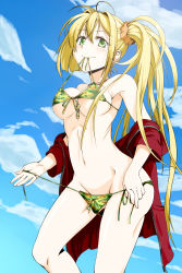 Rule 34 | 1girl, arthur (techno smith), bikini, blonde hair, blush, breasts, cleavage, cloud, day, front-tie top, green eyes, highres, jacket, kaku-san-sei million arthur, kyo9999, large breasts, long hair, million arthur (series), mouth hold, navel, open clothes, open jacket, side-tie bikini bottom, sky, smile, solo, swimsuit, undressing