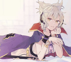 Rule 34 | 1girl, blouse, bracelet, breasts, cape, closed mouth, collarbone, commentary request, duplicate, earmuffs, eyebrows hidden by hair, fingernails, gold trim, grey background, hands up, jewelry, light smile, looking at viewer, lying, medium breasts, mozukuzu (manukedori), on stomach, pink shirt, pixel-perfect duplicate, pointy hair, purple cape, shirt, short hair, silver hair, simple background, sleeveless, sleeveless shirt, solo, sword, touhou, toyosatomimi no miko, weapon, yellow eyes