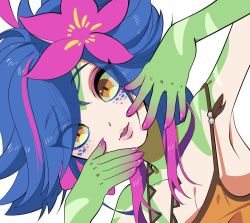 Rule 34 | 1girl, armpits, bare arms, bare shoulders, blue hair, breasts, cleavage, colored skin, dutch angle, eyes visible through hair, flower, green skin, hair flower, hair ornament, hands up, hiyari (hiyarilol), league of legends, looking at viewer, multicolored hair, nail polish, neeko (league of legends), open mouth, orange eyes, pink hair, pink nails, pink skin, portrait, simple background, small breasts, smile, solo, vastaya, white background, yellow eyes