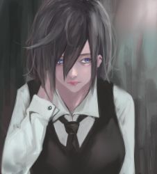 Rule 34 | 1girl, absurdres, blue eyes, breasts, closed mouth, grey background, hair between eyes, hand up, highres, kirishima touka, large breasts, long sleeves, looking at viewer, medium hair, messy hair, s41 (misaki t4), shirt, solo, spot color, tokyo ghoul, vest