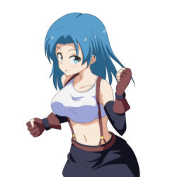 Rule 34 | 1girl, bare shoulders, blue eyes, blue hair, breasts, cato (monocatienus), clenched hands, cosplay, crop top, final fantasy, final fantasy vii, fingerless gloves, gloves, kumoi ichirin, large breasts, looking at viewer, matching hair/eyes, midriff, navel, simple background, solo, suspenders, tifa lockhart, tifa lockhart (cosplay), touhou, white background