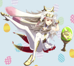 Rule 34 | 1girl, animal ears, cleavage cutout, clothing cutout, cup, dress, easter egg, egg, fake animal ears, fake tail, fire emblem, fire emblem heroes, flower, full body, gloves, chalice, grey hair, hair flower, hair ornament, high heels, long hair, nintendo, open mouth, pantyhose, rabbit ears, rabbit tail, red eyes, see-through, see-through sleeves, short dress, solo, sukkirito (rangusan), tail, veronica (fire emblem), white gloves, white pantyhose