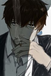 Rule 34 | 1boy, azi pra, black suit, brown hair, cigarette, facial hair, fate/grand order, fate (series), formal, hector (fate), highres, holding, holding cigarette, long sleeves, looking at viewer, male focus, mature male, shadow, shirt, short hair, simple background, smile, smoke, smoking, solo, suit, upper body, white background, white shirt