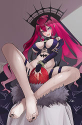 Rule 34 | 1boy, 1girl, baobhan sith (fate), black nails, blush, bracelet, breasts, cape, circlet, covered erect nipples, cunnilingus, detached sleeves, fang, fate/grand order, fate (series), feet, grey eyes, hand on another&#039;s head, helmet, highres, jewelry, legs, long hair, medium breasts, nail, nail polish, no panties, oral, pink hair, pointy ears, revealing clothes, sitting, smile, string, sweat, thigh strap, thighs