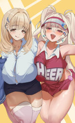 2girls :d :q bare_shoulders blonde_hair blush breasts brown_eyes cheerleader clay_(nikke) earrings fang goddess_of_victory:_nikke hair_ornament hairclip heart heart-shaped_pupils highres jewelry large_breasts long_hair mamaroa midriff multiple_girls off_shoulder open_mouth pencil_skirt pink_eyes pleated_skirt school_uniform skirt smile symbol-shaped_pupils teeth thighhighs tia_(nikke) tongue tongue_out visor_cap white_thighhighs