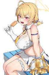 Rule 34 | 1girl, ahoge, bare shoulders, blonde hair, blue archive, blush, breasts, cheerleader, cleavage, collar, commentary request, crop top, detached collar, food, gloves, halo, highres, holding, holding food, holding pom poms, holding popsicle, kotori (blue archive), kotori (cheer squad) (blue archive), large breasts, looking at viewer, millennium cheerleader outfit (blue archive), miniskirt, muffin top, navel, official alternate costume, open mouth, partial commentary, pleated skirt, pom pom (cheerleading), pom poms, popsicle, red eyes, short hair, short twintails, simple background, sitting, skirt, solo, stomach, sweat, thigh strap, triangle halo, twintails, white background, white collar, white gloves, white skirt, yellow halo, yzr (yzr99)