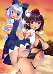 Rule 34 | 2girls, animal, animal on head, ass, back, beach, between breasts, bikini, black bikini, black hair, blue dress, blue eyes, blue hair, blush, bow, breasts, camera, cirno, cleavage, collared shirt, commentary request, cowboy shot, dress, dress shirt, fairy wings, foreshortening, frog on head, from behind, from side, front-tie top, groin, hair bow, hair ornament, hands up, hat, hazakura satsuki, highres, ice, ice wings, large breasts, looking at viewer, looking back, midriff, multiple girls, navel, on head, open clothes, open mouth, open shirt, outdoors, pointing, pointing at viewer, pointy ears, pom pom (clothes), puffy short sleeves, puffy sleeves, red eyes, shameimaru aya, shirt, short hair, short sleeves, stomach, strap between breasts, swimsuit, tokin hat, touhou, twisted neck, water, white shirt, wings