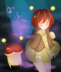 Rule 34 | antennae, beige dress, blush, brown jacket, cave, clenched hand, closed eyes, commentary, commentary request, dress, fog, frown, hair between eyes, highres, jacket, legs, long sleeves, mushroom, nintendo, non (wednesday-classic), personification, pikmin (series), red hair, short hair, sweatdrop