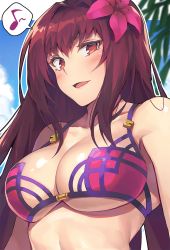 Rule 34 | 1girl, :d, bad id, bad pixiv id, bare shoulders, bikini, blue sky, blush, breasts, cleavage, collarbone, commentary, day, fate/grand order, fate (series), flower, g.t, hair flower, hair intakes, hair ornament, hibiscus, large breasts, long hair, looking at viewer, musical note, open mouth, outdoors, pink bikini, quaver, red eyes, red hair, scathach (fate), scathach (fate/grand order), scathach (swimsuit assassin) (fate), sky, smile, solo, spoken musical note, swimsuit, underboob, upper body
