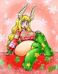 Rule 34 | 10s, 1girl, artist name, bendacriss, blonde hair, blue eyes, boku no hero academia, breasts, horns, long hair, solo, sweater, thick thighs, thighhighs, thighs, tsunotori pony