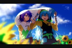 Rule 34 | 2girls, apron, arm ribbon, arm up, arms up, bag, belt, black border, blue dress, blue eyes, blue hair, blue ribbon, blue sky, blurry, blurry foreground, border, bow, breasts, brown belt, buttons, cloak, closed eyes, closed mouth, cloud, cloud print, cloudy sky, dress, flower, frills, green apron, green belt, green bow, green dress, green headwear, green scarf, hair between eyes, hairband, hand up, hands up, haniyasushin keiki, head scarf, highres, jewelry, juliet sleeves, leaf, long hair, long sleeves, looking to the side, magatama, magatama necklace, maisuiren, medium breasts, multicolored clothes, multicolored dress, multicolored hairband, multiple girls, necklace, open mouth, orange dress, outdoors, patchwork clothes, pink hairband, pocket, puffy long sleeves, puffy sleeves, purple dress, purple hair, purple hairband, red bag, red dress, ribbon, scarf, short hair, sky, sky print, standing, sunflower, sunlight, tenkyuu chimata, touhou, turtleneck, wet, white cloak, wide sleeves, yellow dress, yellow flower, zipper