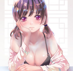 Rule 34 | 1girl, blush, breasts, brown hair, head rest, cleavage, floral print, frown, indoors, looking at viewer, medium breasts, non (6nezuuyamar9), open clothes, original, purple eyes, short twintails, sitting, solo, twintails, upper body