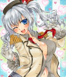 Rule 34 | 10s, 1girl, ;d, bad id, bad pixiv id, blue eyes, blush, breasts, cleavage, epaulettes, gloves, hat, heart, heart background, kantai collection, kashima (kancolle), navel, one eye closed, open mouth, parune chigetsu, short hair, silver hair, smile, solo, traditional media, twintails, white gloves