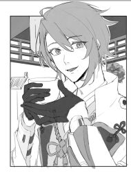 Rule 34 | 1boy, border, cup, genshin impact, gloves, greyscale, hair behind ear, hair between eyes, holding, holding cup, jacket, kamisato ayato, looking at viewer, male focus, mole, mole under eye, monochrome, open mouth, short hair, smile, solo, tree, white border, zai aoye wo shi gou