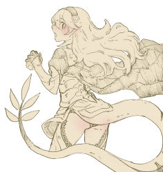 Rule 34 | 1girl, aisutabetao, armor, ass, blush, cape, corrin (female) (fire emblem), corrin (fire emblem), cowboy shot, dragon tail, elbow gloves, fangs, fire emblem, fire emblem fates, from behind, gloves, hairband, long hair, looking at viewer, looking back, monochrome, nintendo, panties, pantyshot, profile, simple background, sketch, solo, standing, tail, underwear, white background