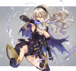 Rule 34 | 1girl, armor, armpits, black gloves, black hairband, black panties, blue cape, breasts, cape, cleavage, corrin (female) (fire emblem), corrin (fire emblem), cropped legs, dragonstone, fire emblem, fire emblem fates, fire emblem heroes, gloves, grey background, grey hair, hair between eyes, hair ornament, hairband, highres, karashino, large breasts, long hair, looking to the side, nintendo, official alternate costume, panties, pointy ears, red eyes, simple background, solo, thighhighs, torn clothes, torn thighhighs, twitter username, underwear