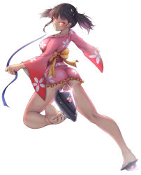 Rule 34 | 10s, 1girl, ass, backlighting, bare legs, barefoot, blunt bangs, bow, brown hair, closed mouth, collarbone, earrings, feet, floral print, frilled kimono, frills, from behind, full body, geta, glint, highres, japanese clothes, jewelry, kimono, kneepits, koutetsujou no kabaneri, lips, long sleeves, microskirt, mumei (kabaneri), nikuku (kazedesune), open mouth, orange bow, orange eyes, panties, partially visible vulva, revision, running, sandals, sash, short hair, short kimono, short twintails, simple background, skirt, solo, stud earrings, thong, toe scrunch, toes, twintails, underwear, white background, white panties