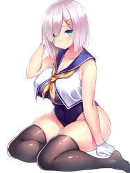Rule 34 | 10s, 1girl, alternate costume, arm at side, black thighhighs, blue one-piece swimsuit, blush, breasts, cleavage, collarbone, colored eyelashes, covered navel, crop top, crop top overhang, gloves, hair ornament, hair over one eye, hairclip, hamakaze (kancolle), hand in own hair, hand up, highres, kantai collection, large breasts, looking at viewer, one-piece swimsuit, sailor collar, school swimsuit, shiny skin, shirt, short hair, silver hair, simple background, sitting, skin tight, sleeveless, sleeveless shirt, solo, swimsuit, swimsuit under clothes, thighhighs, thighs, tsukumiya amane, white background, white gloves, white shirt, yokozuwari
