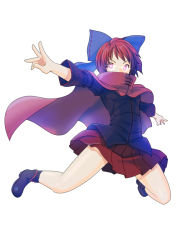 Rule 34 | 1girl, bow, cape, glowing, glowing eyes, hair bow, looking at viewer, outstretched arms, raybar, red eyes, red hair, sekibanki, shirt, simple background, skirt, solo, touhou, white background