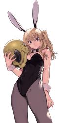 Rule 34 | 1girl, animal ears, bare shoulders, black bow, black leotard, blonde hair, bow, bowtie, breasts, cleavage, commentary request, copyright request, detached collar, fake animal ears, grey pantyhose, hair between eyes, helmet, highres, holding, holding helmet, leotard, long hair, medium breasts, nishi yusuke, pantyhose, playboy bunny, rabbit ears, simple background, solo, strapless, strapless leotard, white background, wrist cuffs