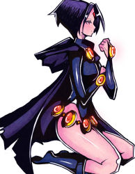 Rule 34 | 1girl, animification, belt, bindi, boots, bridal gauntlets, cape, cloak, dc comics, flying, forehead jewel, from side, frown, purple hair, raven (dc), short hair, sitting, solo, teen titans, white background, zxc