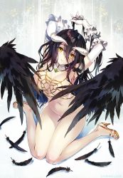Rule 34 | 1girl, albedo (overlord), arms up, black hair, black wings, bottomless, breasts, carnelian, commentary request, detached collar, elbow gloves, gloves, high heels, horns, large breasts, legs, long hair, looking at viewer, overlord (maruyama), sitting, solo, toeless footwear, wariza, white gloves, wings, yellow eyes