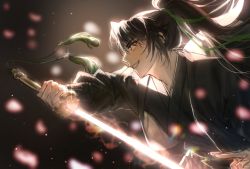 Rule 34 | 1boy, backlighting, black hair, blossom robber, blurry, blurry background, chungmyung, dark background, from side, glint, glowing, glowing sword, glowing weapon, grin, holding, holding sword, holding weapon, korean commentary, long hair, long sleeves, male focus, ponytail, return of the mount hua sect, smile, solo, sword, upper body, weapon