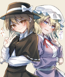 2girls absurdres black_capelet black_skirt blonde_hair blue_eyes blush bow brown_eyes brown_hair capelet closed_mouth commentary_request dress fedora hat hat_bow highres kinese_(katasutorohu) long_hair long_sleeves looking_at_viewer maribel_hearn mob_cap multiple_girls purple_dress ribbon-trimmed_capelet ribbon_trim skirt smile sweatdrop touhou translation_request usami_renko v white_bow